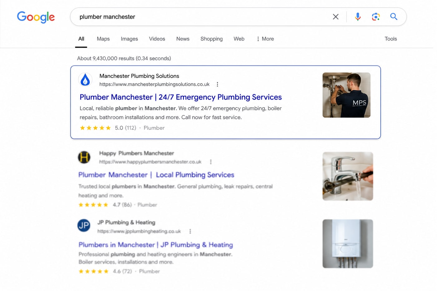 A Google search for 'plumber manchester' with a local business ranking in the top spot