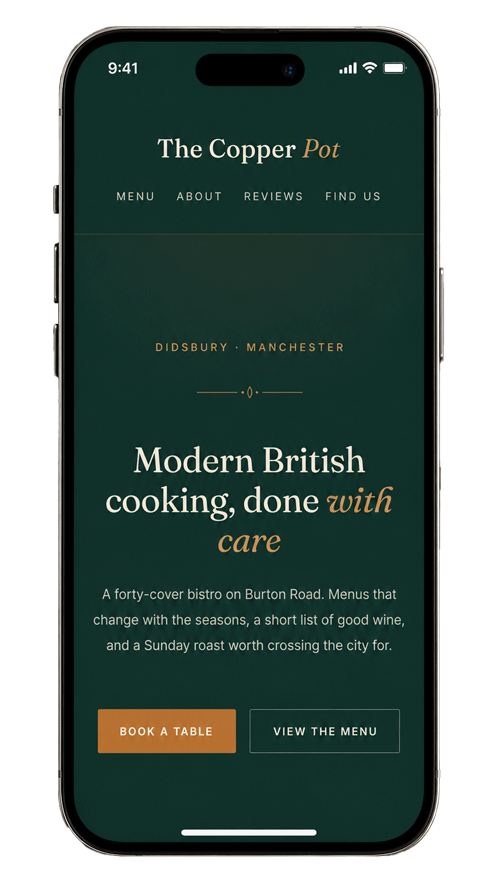 A restaurant website built by Digital James, shown on a mobile phone